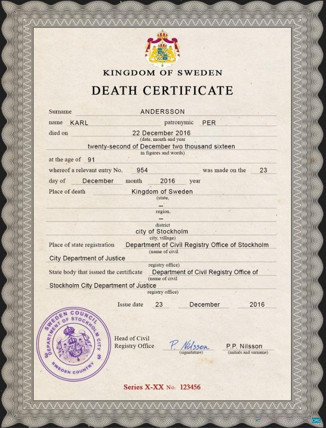 Download Sweden vital record death certificate PSD template Photoshop template